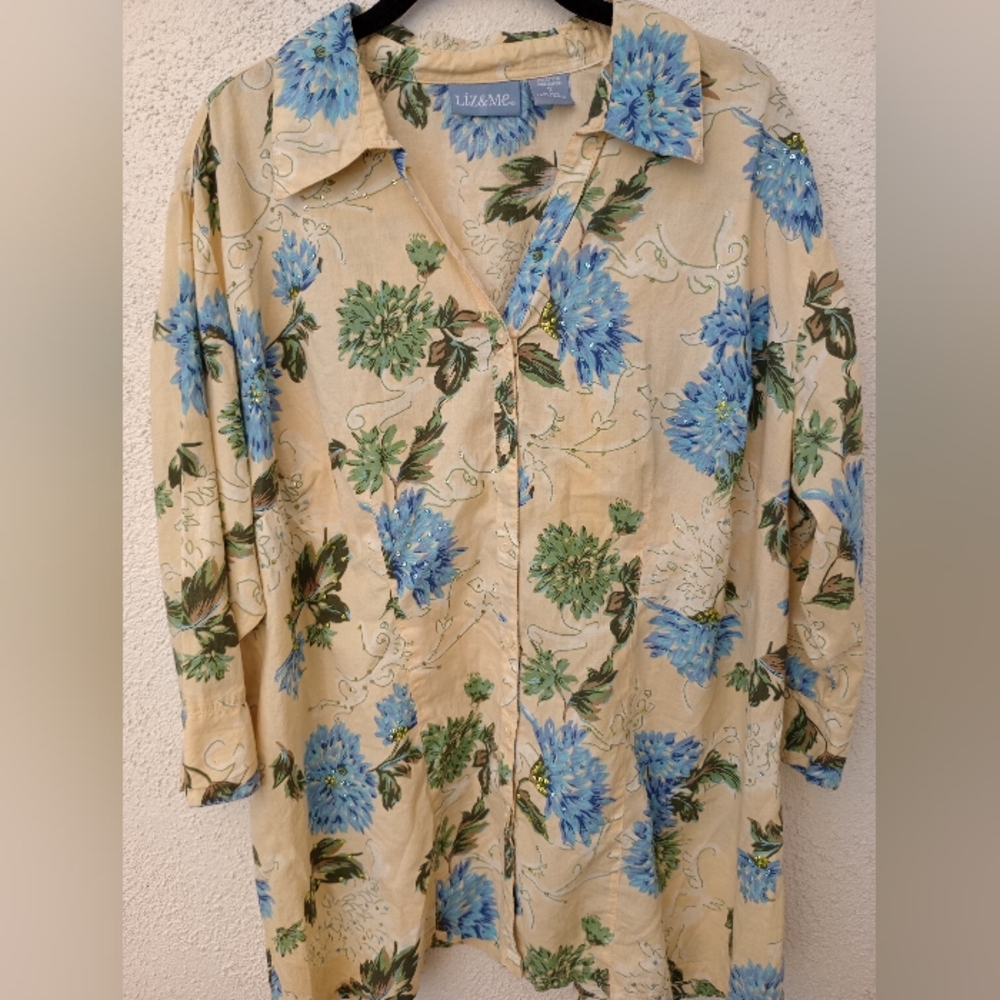 Liz & Me Floral Button Up Shirt Spring Summer Casual Cottagecore 3/4 Sleeve 1X
